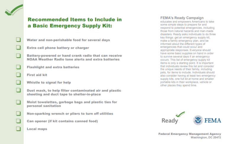 FEMA guide for survival items list